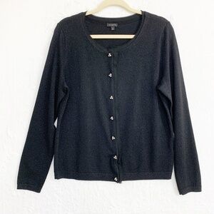 Talbots Merino Wool Blend Metallic Faux Pearl Button Front Cardigan Black Sz L